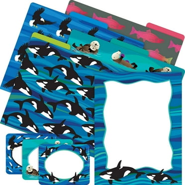 Barker Creek Get Organized Office Kit, Sea & Sky Whales, with 12 Coordinating Designer File Folders, 50 Sheets of Colorful Computer Paper, and 45 Versatile Self-Adhesive Labels/Name Tags (121)