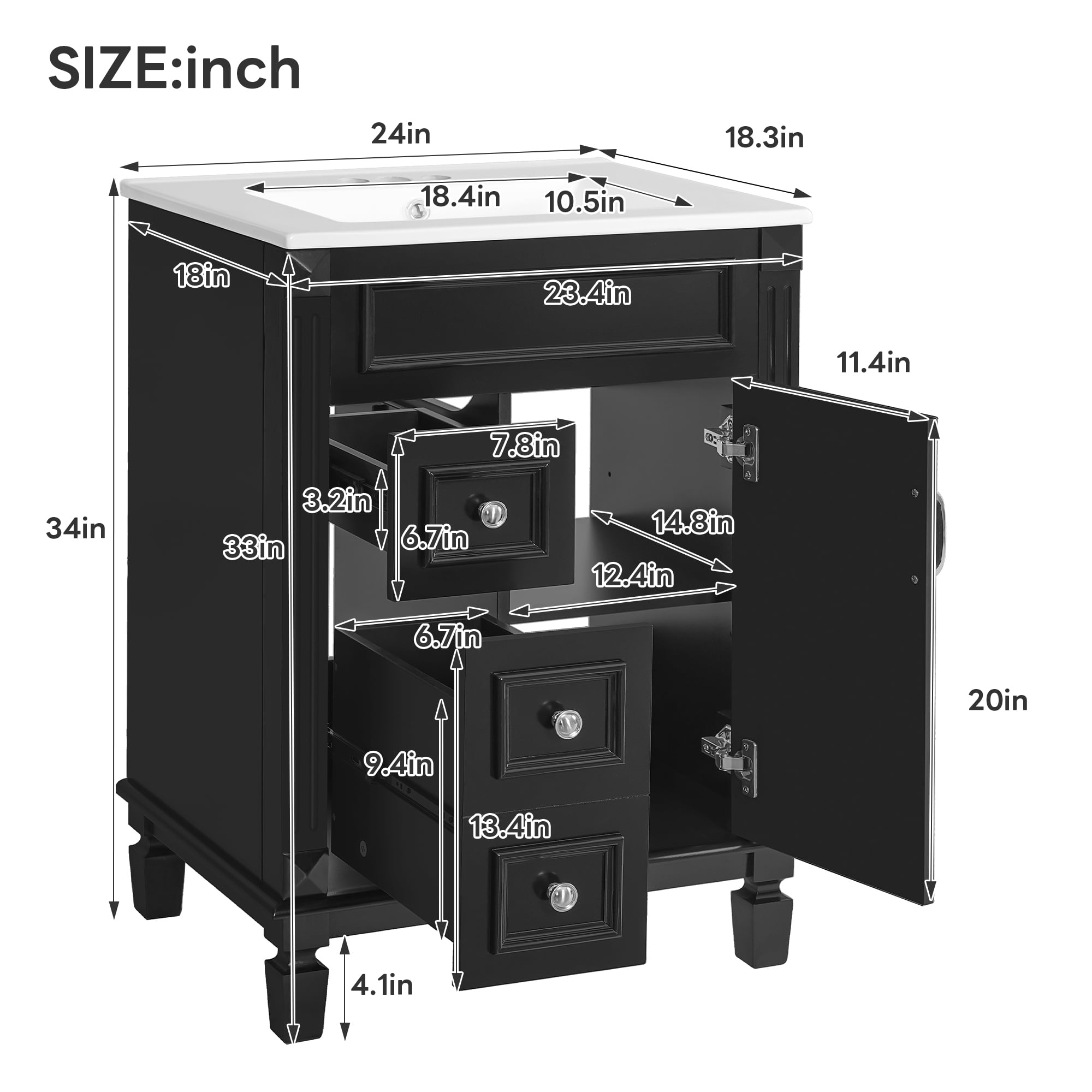 Euroco 24" Bathroom Vanity with Ceramic Sink, Small Bathroom Sink Cabinet, Modern Cabinet with 2 Drawers and Adjustable Shelf