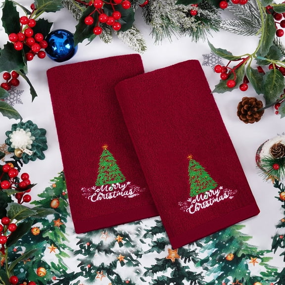 Ikfashoni 2 pack Christmas Hand Towel for Bathroom,Embroidered Christmas Tree Red Scroll Cotton Towels