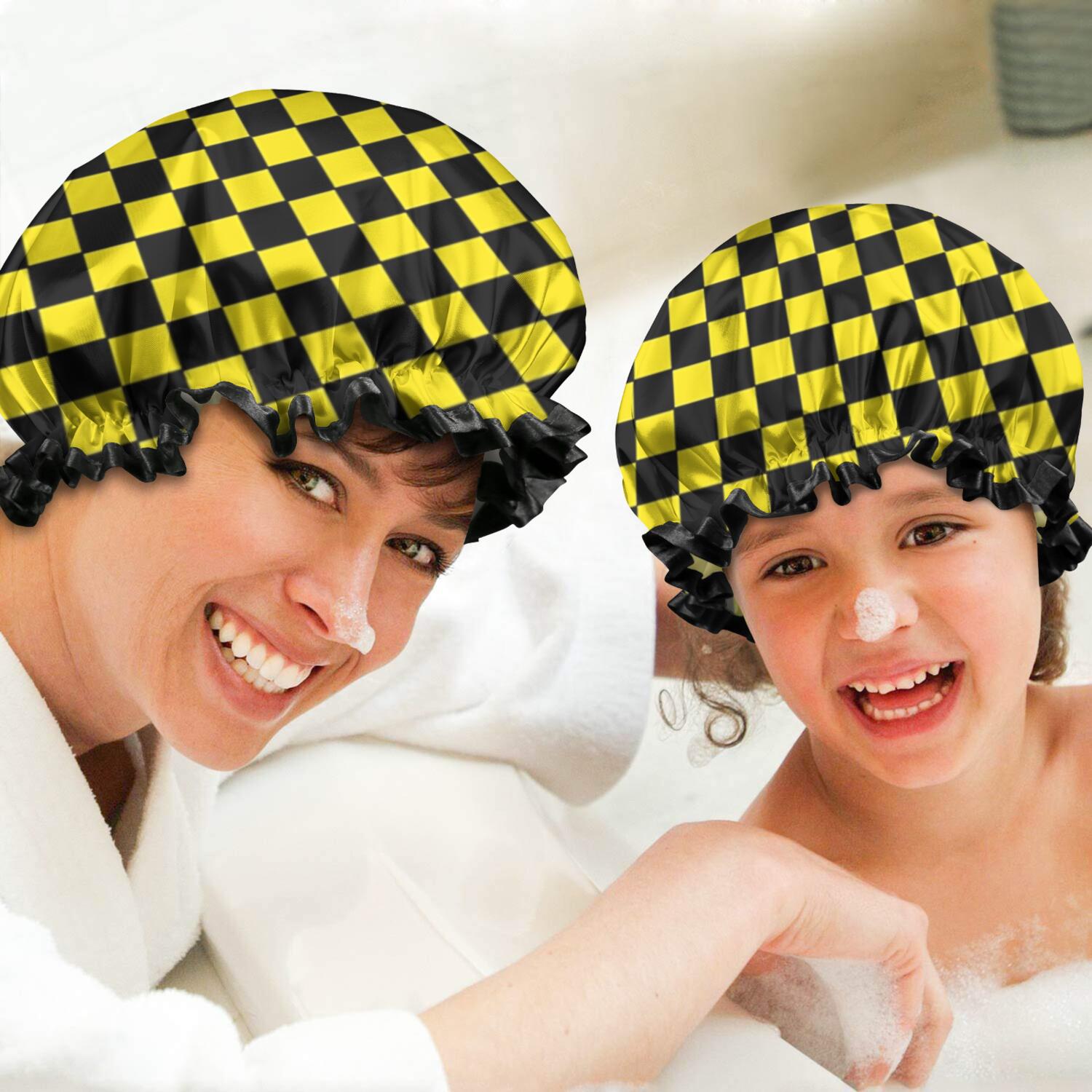 Shower Caps,Yellow and Black Checkered Pattern Waterproof Shower Cap for Women 4 Pieces,Double Reusable Hair Cover for Shower PEVA Elastic Stretch Hem