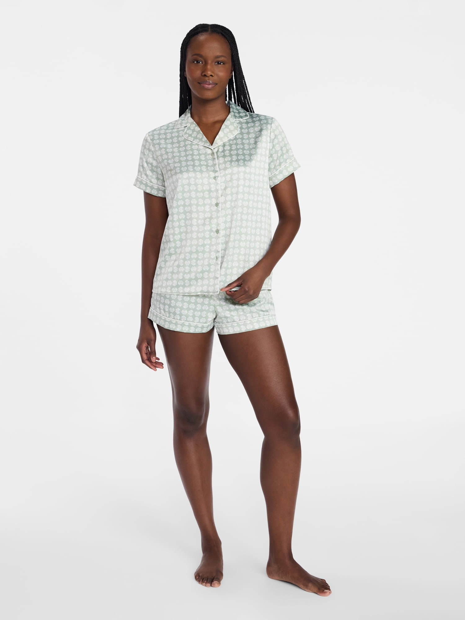 Joyspun Women’s Stretch Satin Short Sleeve Top and Shorts Pajama Set, Sizes XS-3X