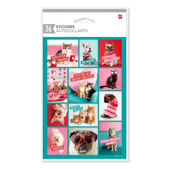 American Greetings Valentine's Day Stickers for Kids, Heartfelt Critters (3-Sheets, 36-Count)