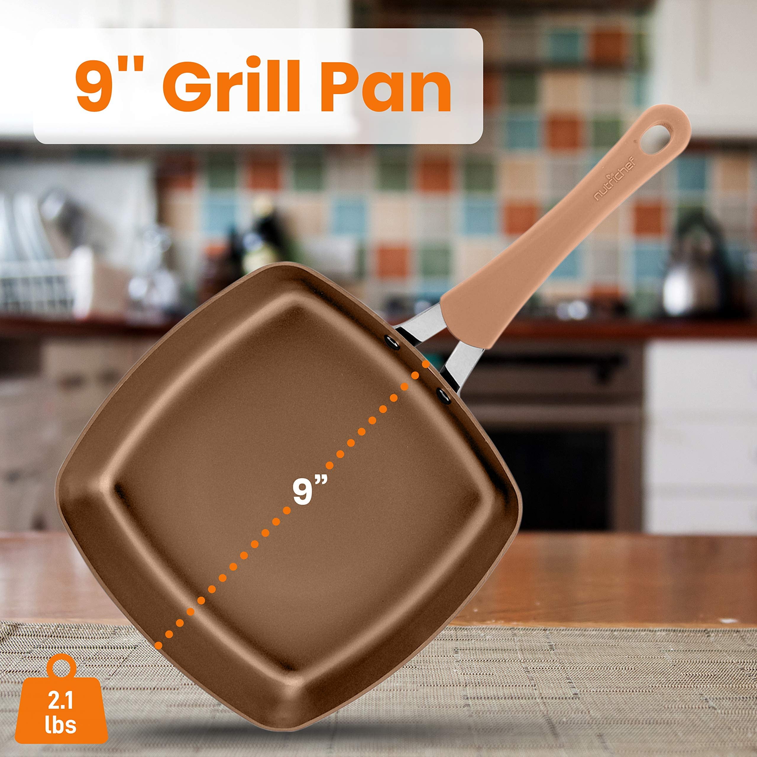 NutriChef Grill Pan 9.45'' Durable Stylish Non-Stick High-Qualified Cookware, Induction PTFE/PFOA/PFOS-Free Heat Resistant Lacquer Kitchen Ware, Compatible with Models: NCCW14S & NCCW20S, 1