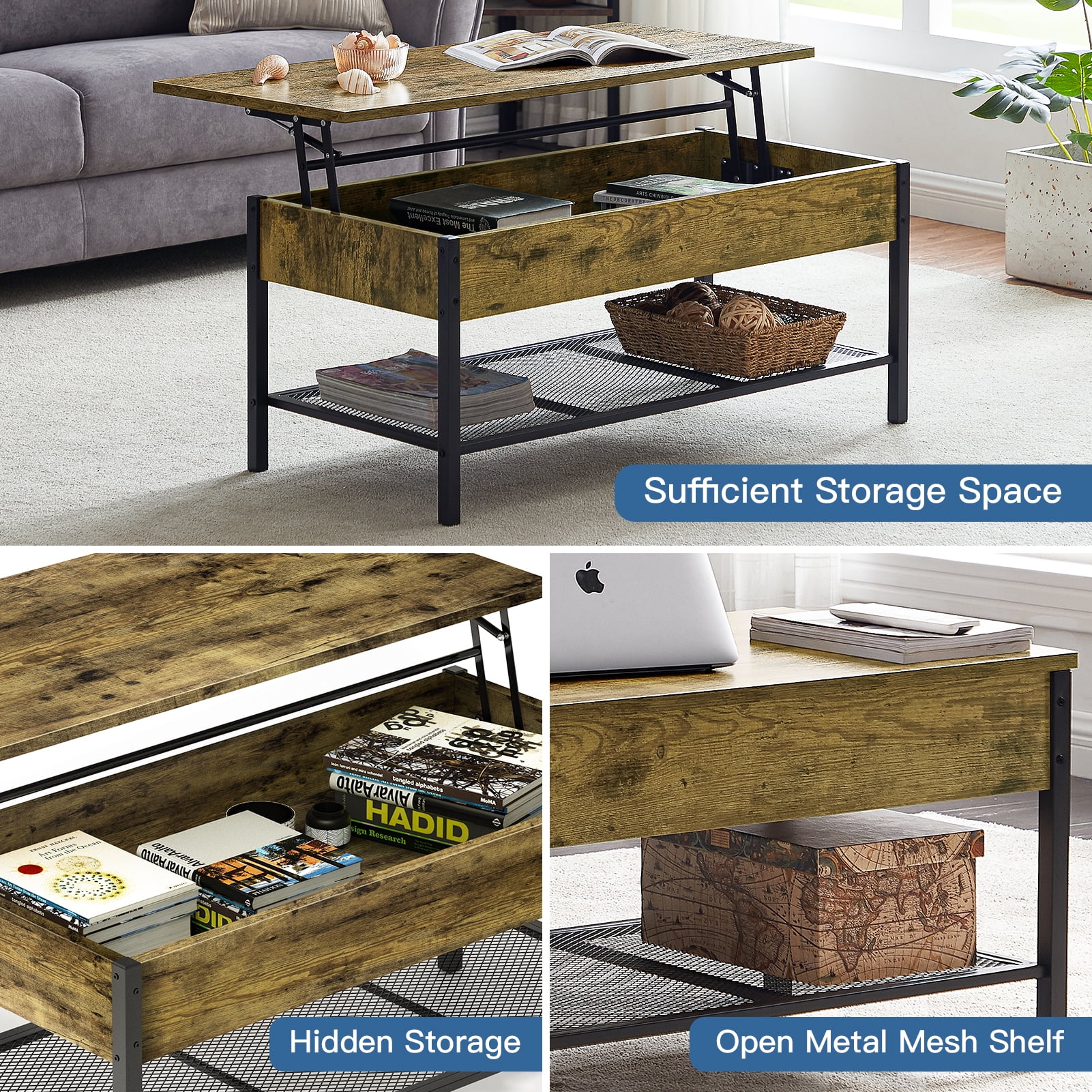 Lowestbest Lifting Coffee Table with Hidden Storage, Flip Top Coffee Table, Wooden Lifting Table for Living Room, Brown Lowestbest Lifting Coffee Table with Hidden Storage, Flip Top Coffee Table, Wooden Lifting Table for Living Room, Brown