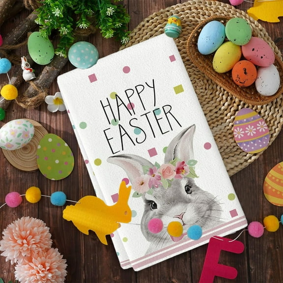 Honeeladyy Easter Kitchen Towels, White Bunny Dish Towels 16x24 Inch Soft Absorbent Drying Dishcloth, Farmhouse Home Seasonal Spring Decorations