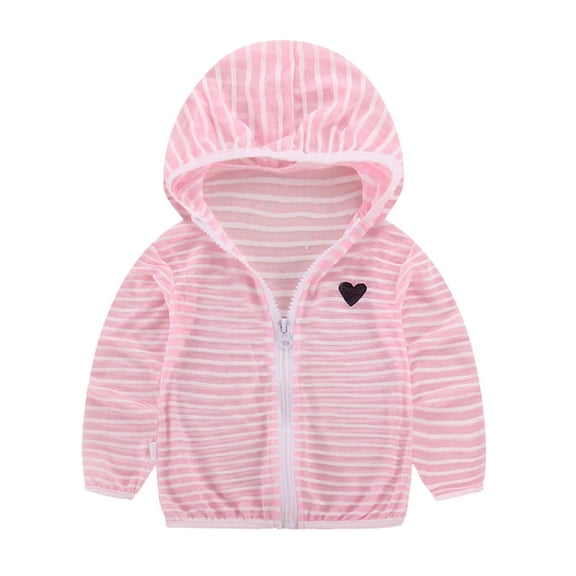 Mifsaly Boys Girls Lightweight Hooded Jacket Toddler Kids Full Zip Striped Sun Protection Hoodie Cute Heart Embroidery Breathable Long Sleeve Outerwear