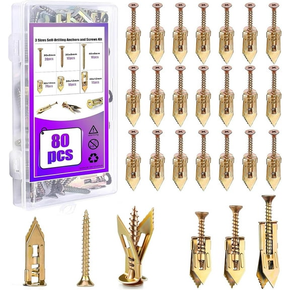 80Pcs Self Drilling Drywall Anchors with Screws Kit, 3 Sizes Heavy Duty Dry Wall Anchor Screw Set, No Drill and Holes in Wall, Metal Expansion Bolts for Plaster Board Wall Fixing (40   40)
