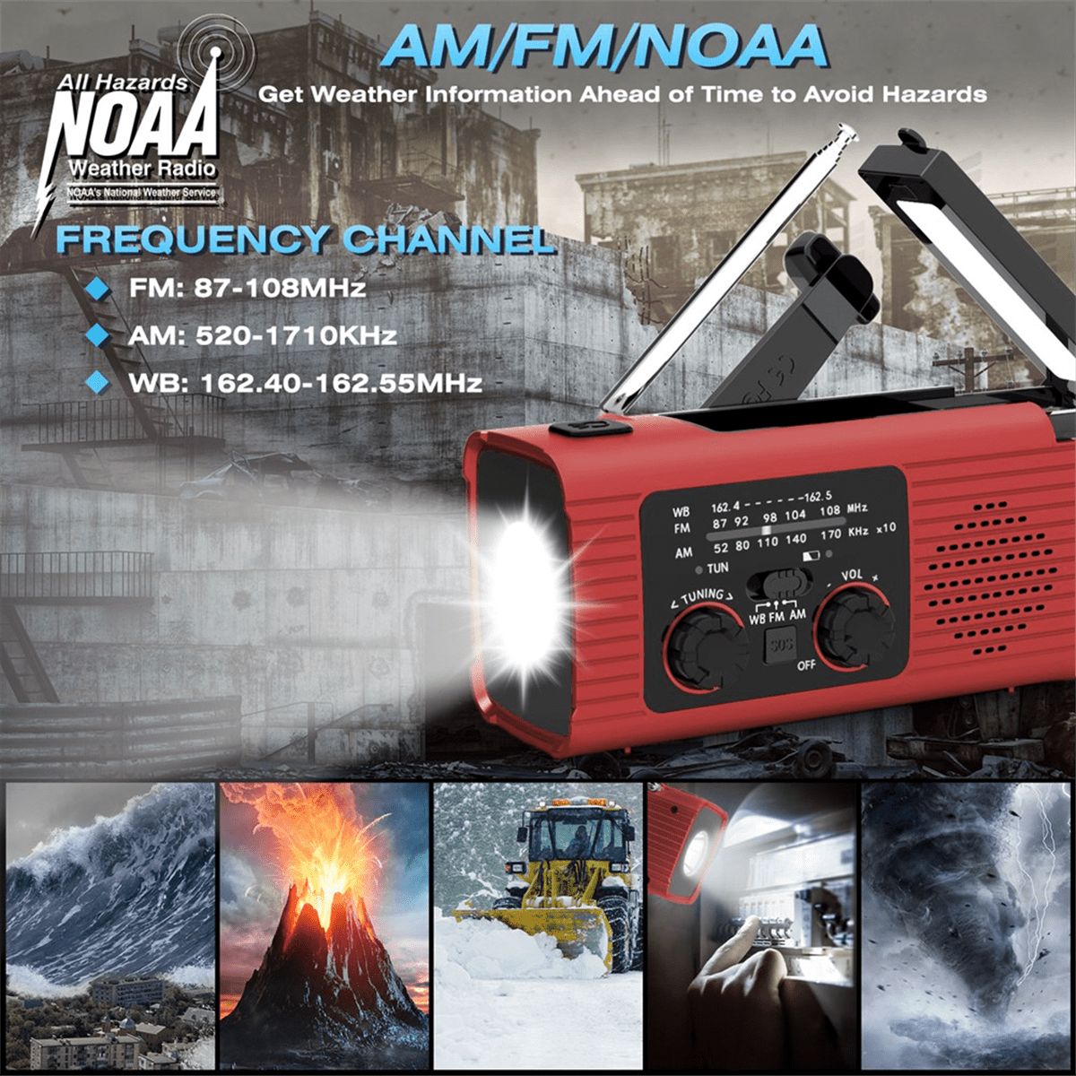 Emergency Weather Radio, 2000MAh Weather Alert Radio Solar Charging, Hand Crank & USB , AM/FM Radio Gray