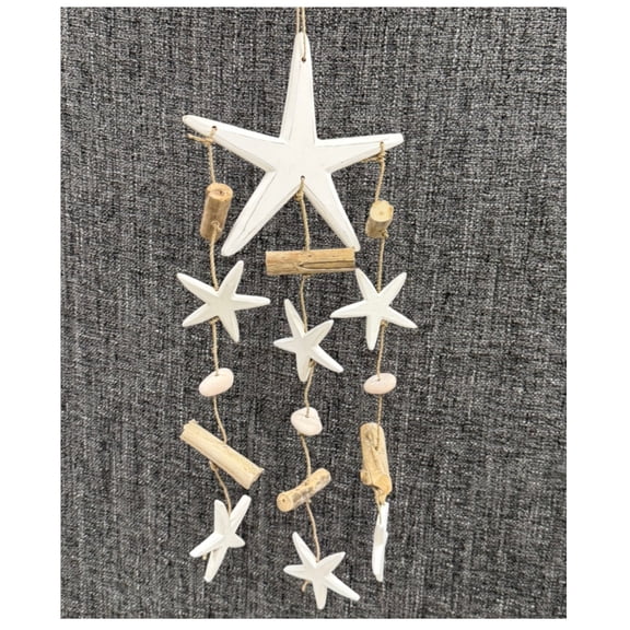 Starfish Windchime Coastal Driftwood Hanging Decor - Beach Wind Chime Indoor Outdoor Patio Garden Gift 12"