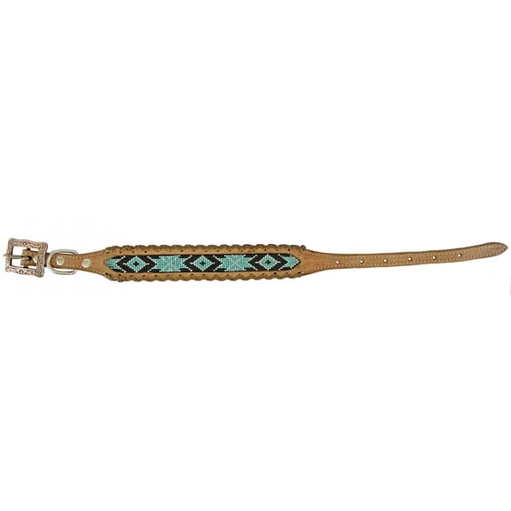 Showman Couture Leather Dog Collar w/ Teal Beaded Inlay (Small)