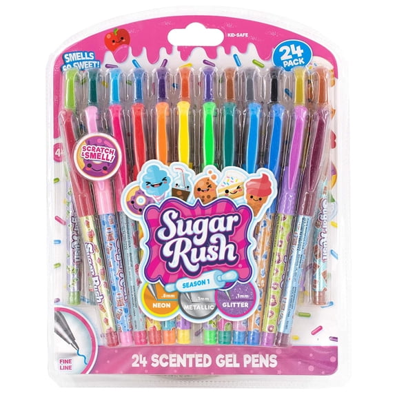 Scentos Sugar Rush Colored Gel Pens for Kids - Candy Scented Pens - Neon, Metallic and Glitter Color - 24 Count - Medium Point Gel Pens for Coloring - For Ages 4 and Up