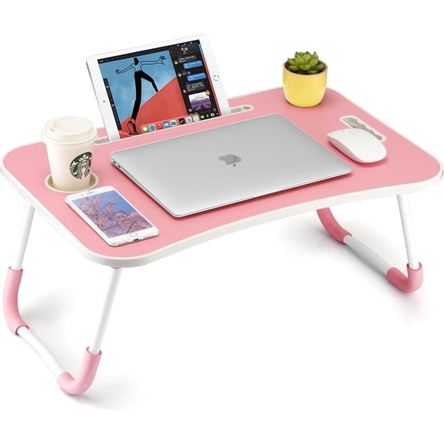 Foldable Laptop Table Portable Lap Desk Bed Table Tray Laptop Stand with Cup Holder & Tablet Slot & Lifting Handle for Working Writing Drawing & Eating (Pink)