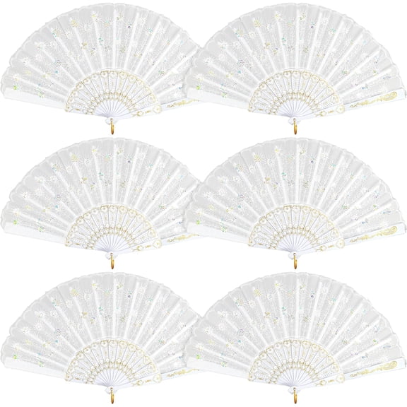 Nvzi 6 Packs White Spanish Floral Folding Hand Fan Women Lace Fan Handheld Fans for Wedding and Home Decoration