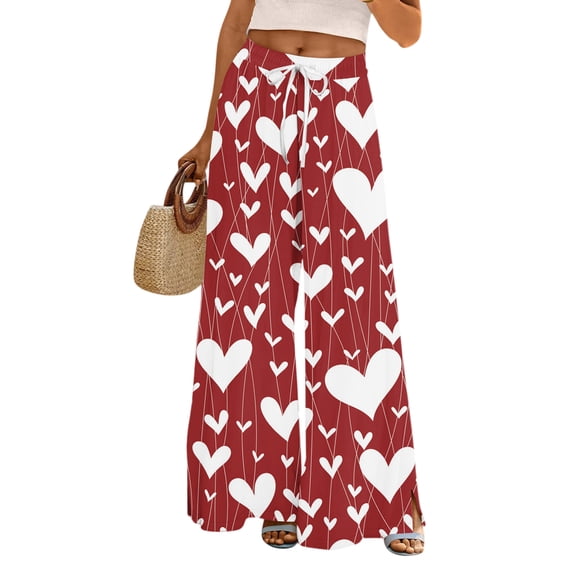 LWavelet Comfort Fabric Plaid Heart Wide Leg Pants Women Valentine's Day Casual Wear Wine XL