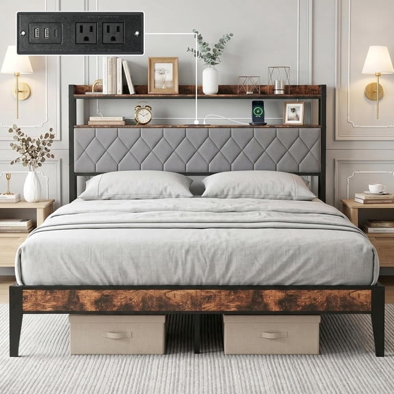 JUIKURY Queen Bed Frame with Upholstered Headboard, Modern Metal Platform Bed with 2-Tier Storage Shelves and Charging Station, Heavy Duty Slats Support, No Box Spring Needed, Easy Assembly