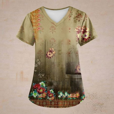 

Hanas Tops Plus Size Retro Printed Scrub Working Uniform Tops For Women Cross V-Neck Short Sleeve Fun T-Shirts Workwear Tee With Pockets Light Brown/XXXXXL