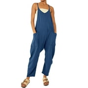 STARVNC Women Solid Color V Neck Sleeveless Pockets Jumpsuit