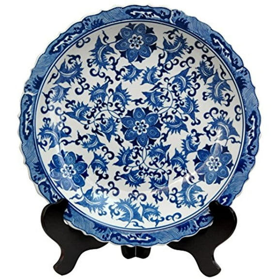Oriental Furniture 14" Floral Blue & White Porcelain Plate, decorative item, end table item, living space