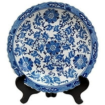 Oriental Furniture 14" Floral Blue & White Porcelain Plate, decorative item, end table item, living space