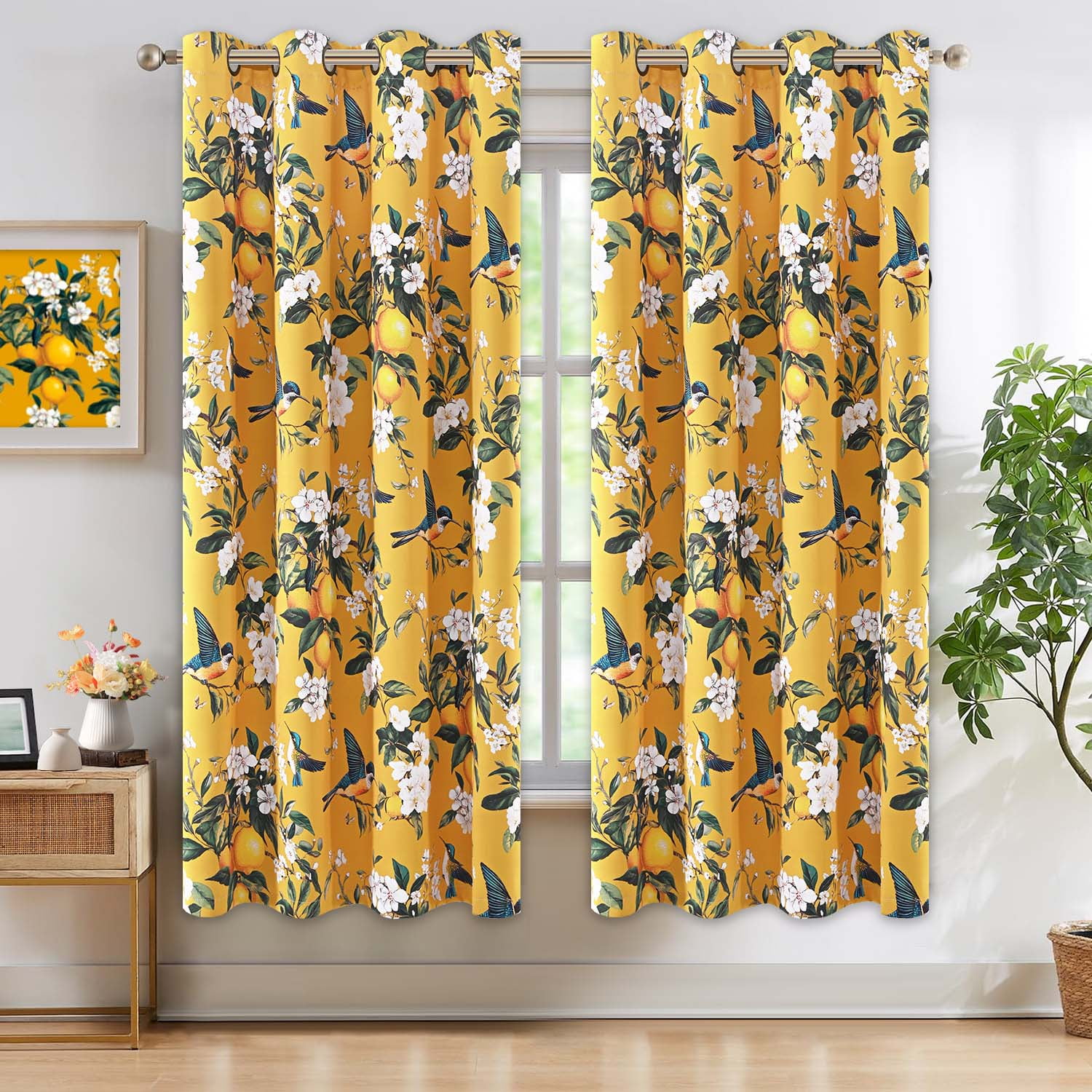 Alishomtll Floral Lemon Hummingbird Blackout Curtains Room Darkening Grommet Window Drapes for Living Room , 52" x63", ,Set of 2 Panels,Yellow