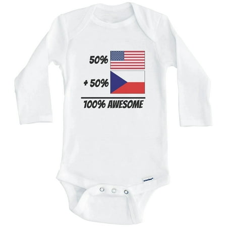 

50% American Plus 50% Czech Equals 100% Awesome Cute Czech Republic Flag One Piece Baby Bodysuit (Long Sleeve) 3-6 Months White