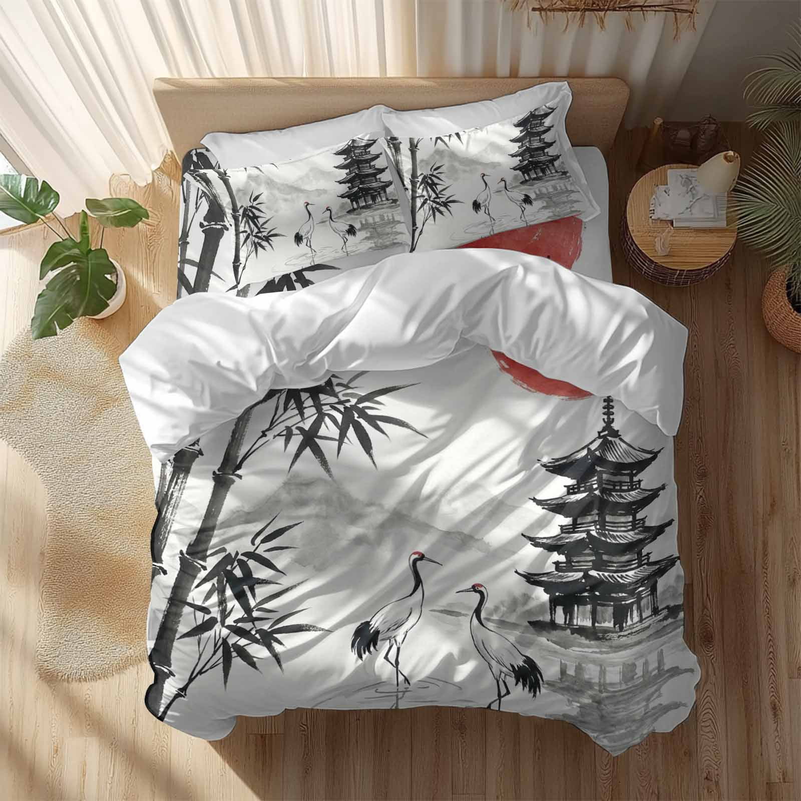 White Crane 4 Piece Duvet Cover Set Queen Size Ink Wash Gray Black Bamboos Trees Japanese Pagoda Red Sun Soft Bedding Set Comforter Cover, 1 Duvet Cover 1 Flat Sheets and 2 Pillowcases