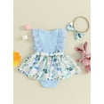 thumbnail image 4 of Suealasg 2pcs Infant Girl Easter Clothes Sets 3M 6M 12M 18M Baby Girls Summer Birthday Party Romper Dress Sleeveless Floral Print Lace Ruffle Bodysuit+Headband, 4 of 9