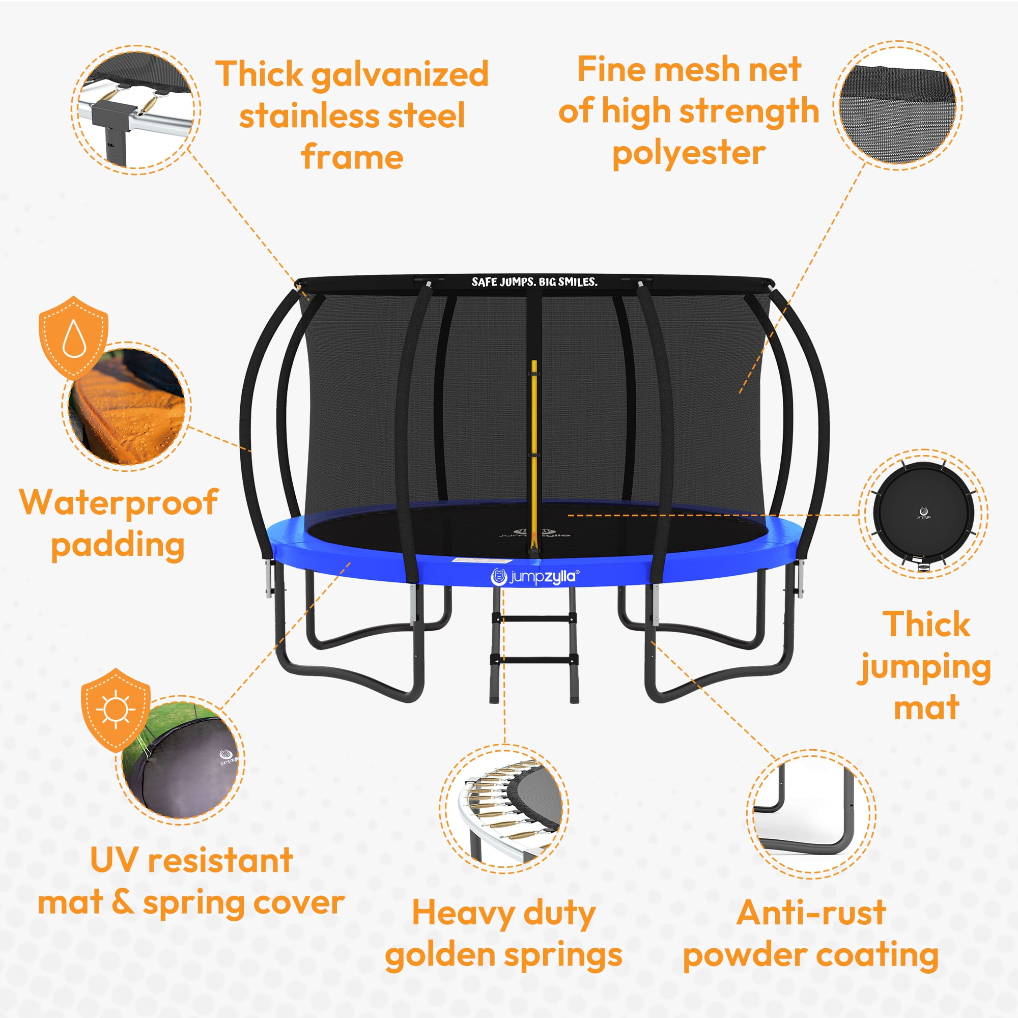 JUMPZYLLA Trampoline Outdoor with Enclosure and Ladder, ASTM, 12 ft, Blue