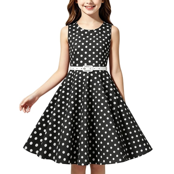 OGLCCG 1950s Vintage Dresses for Girls Sleeveless Summer A Line Flared 50's Girls Dress Girl's Cute Polka Dot Dress Size 4-8