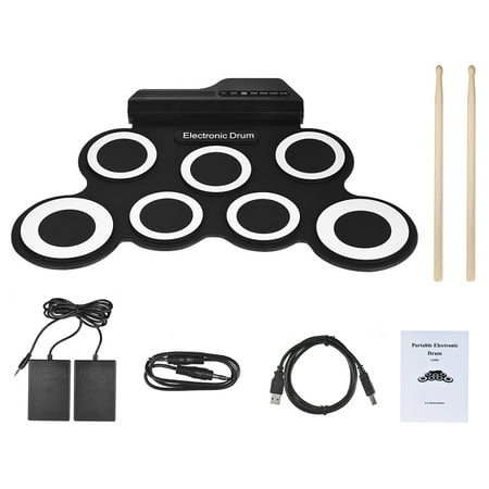 Compact Size Portable Digital Electronic Roll Up Drum Set Kit 7 Silicon Drum Pads USB Powered with Drumsticks Foot Pedals 3.5mm Audio (Best Portable Drum Machine)