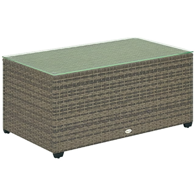 Outsunny Table Basse d'Extérieur en Osier, Table de Patio à Dessus en Verre, Gris Foncé
