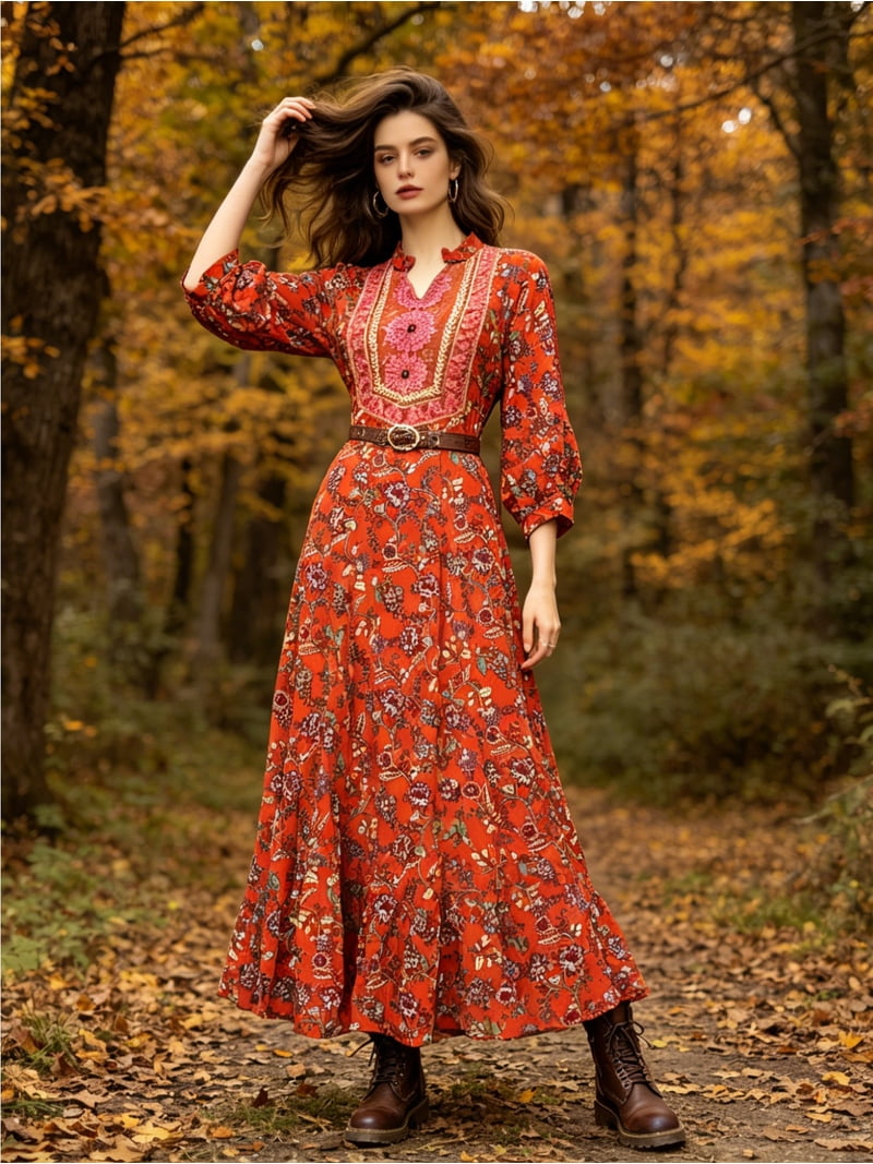 A-Line Woven Floral Maxi Dress with Heavy Bib Embroidery and Tiered Ruffle Hem Rust Orange Boho Long Sleeve Gown for Fall Vacation and Socials