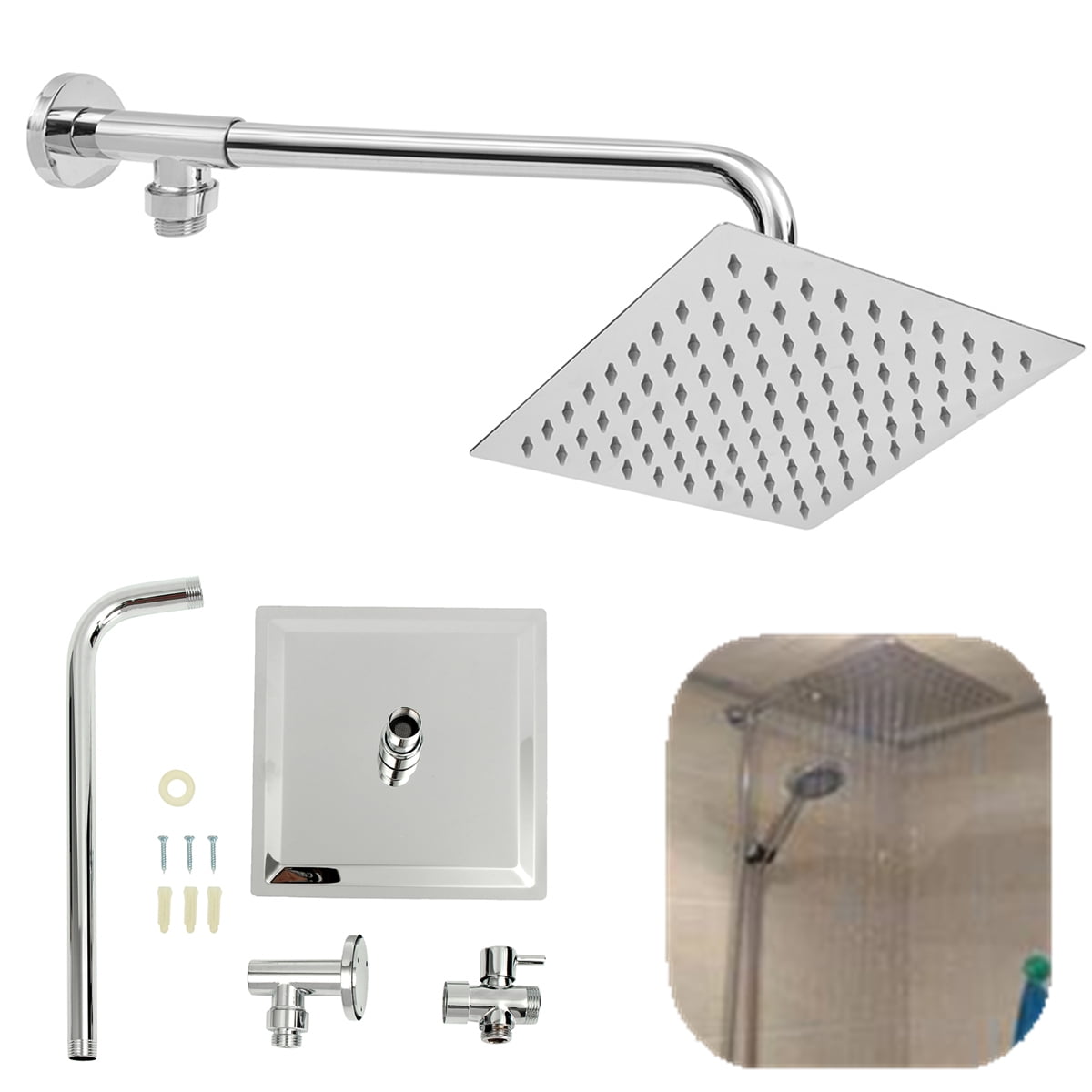 8 inch Square Shower Head Extension Shower Arm Bottom Entry Diverter