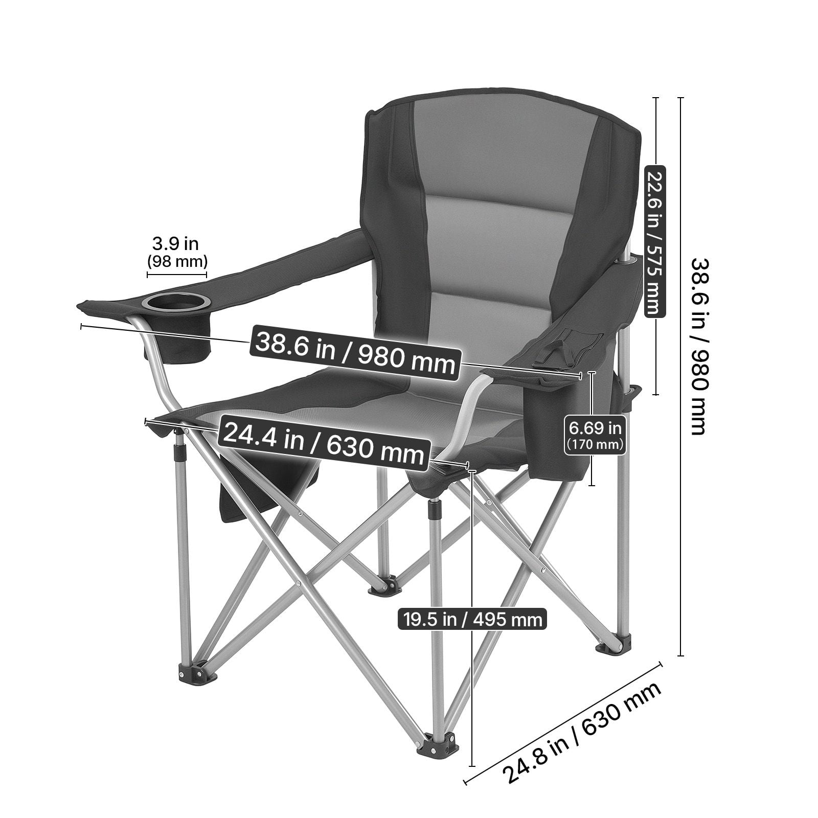 Oversized Camping Chairs, 450 lbs Heavy Duty Support, Portable Folding Camp Chairs with Padded Backrest & Armrests, Cup Holder & Side Pocket, Cooler Bag, Carry Bags for Outdoor, Fishing, 2 Pack