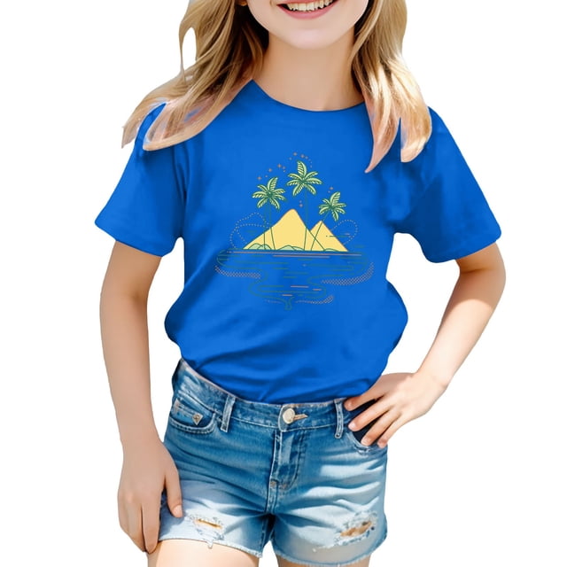 Chemises pour Filles Imprimé Manches Courtes Col Rond Vêtements d'Été Filles 6-7 Ans Mode Filles
