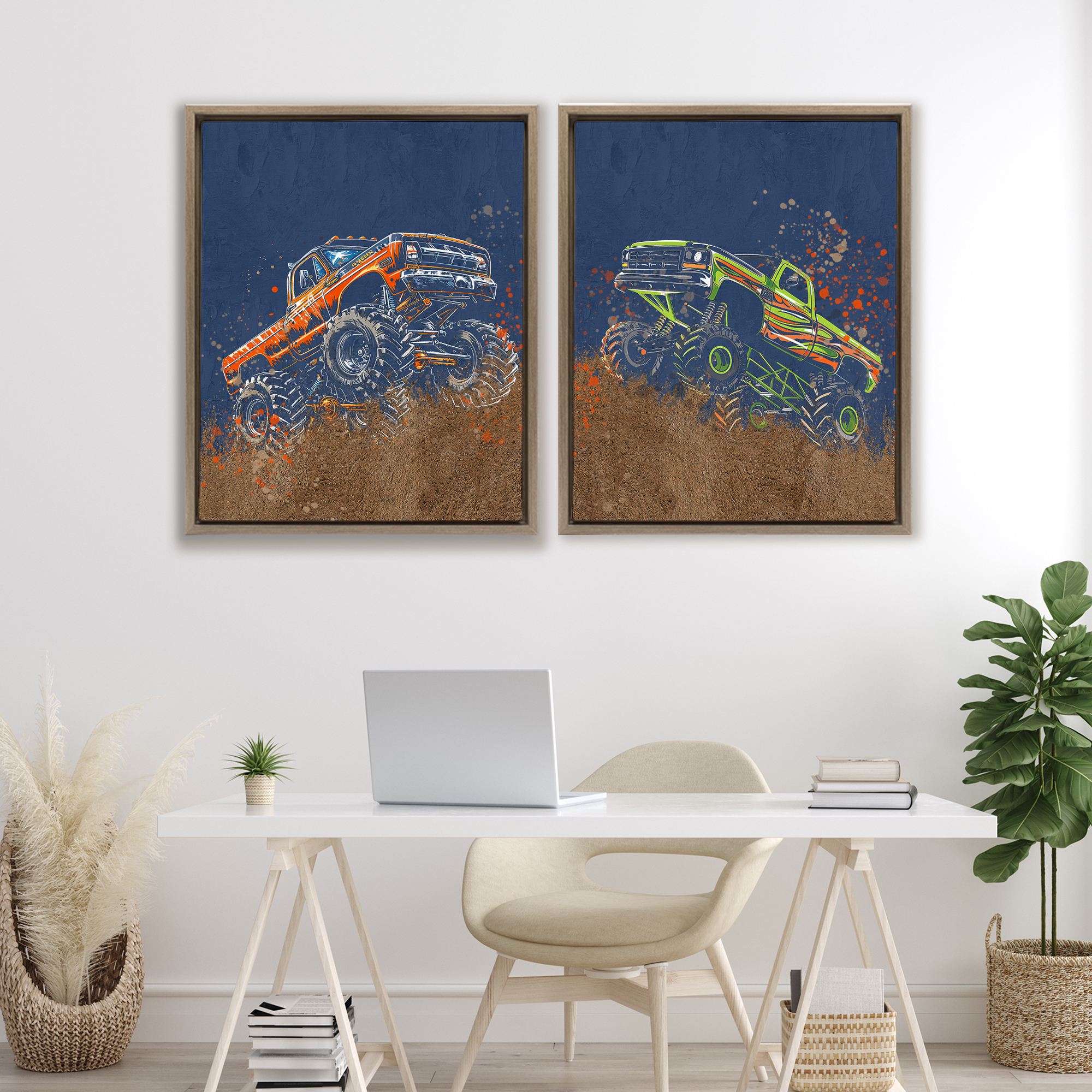 Monster Truck Jam 2 Piece Brown Framed Floater Canvas Set, design by Kim Allen