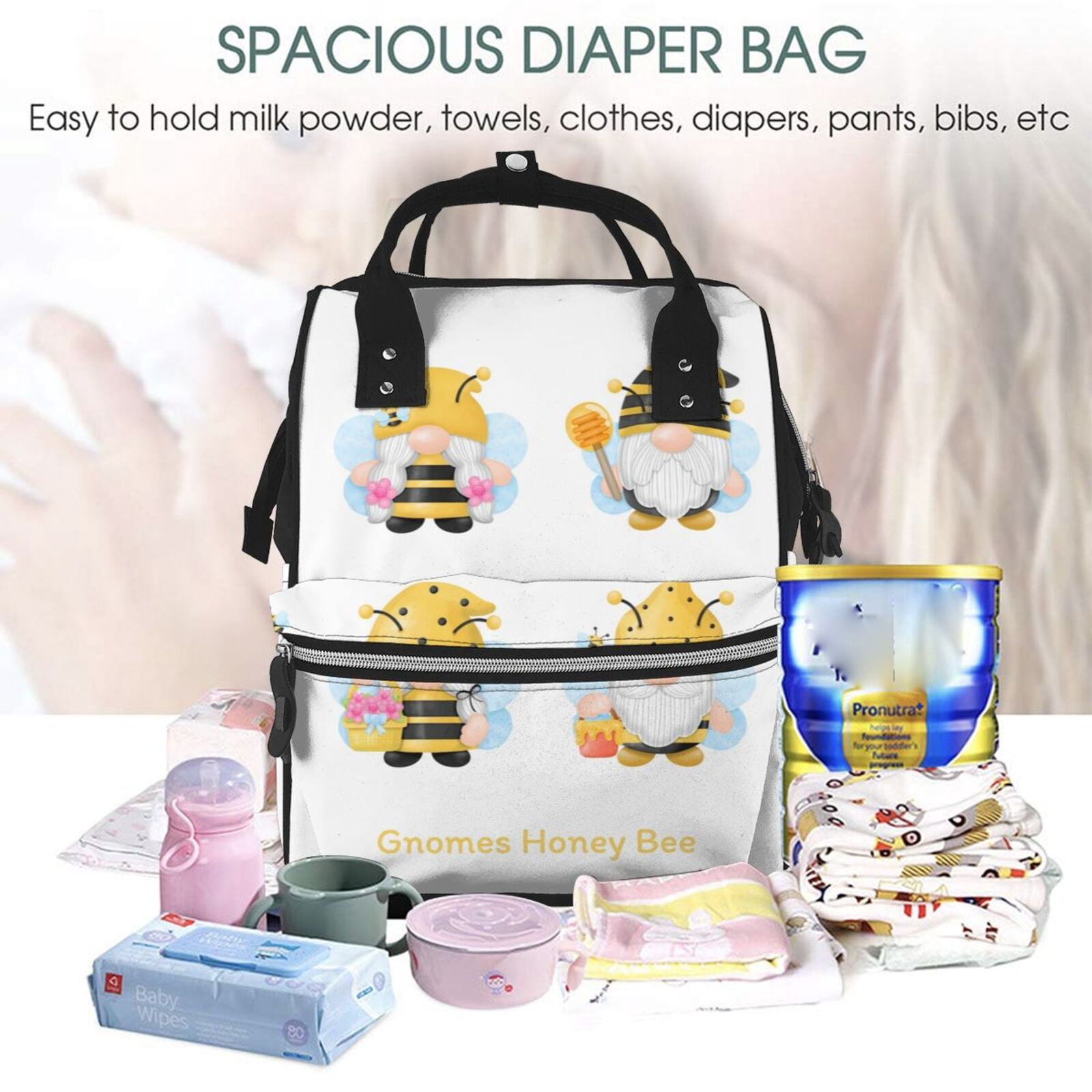 Fuzoiu Gnomes Honey Bee Print Diaper Bag Backpack,Baby Essentials Travel Tote,Multi function Waterproof Diaper Bag, Travel Essentials Baby Bag - Unisex