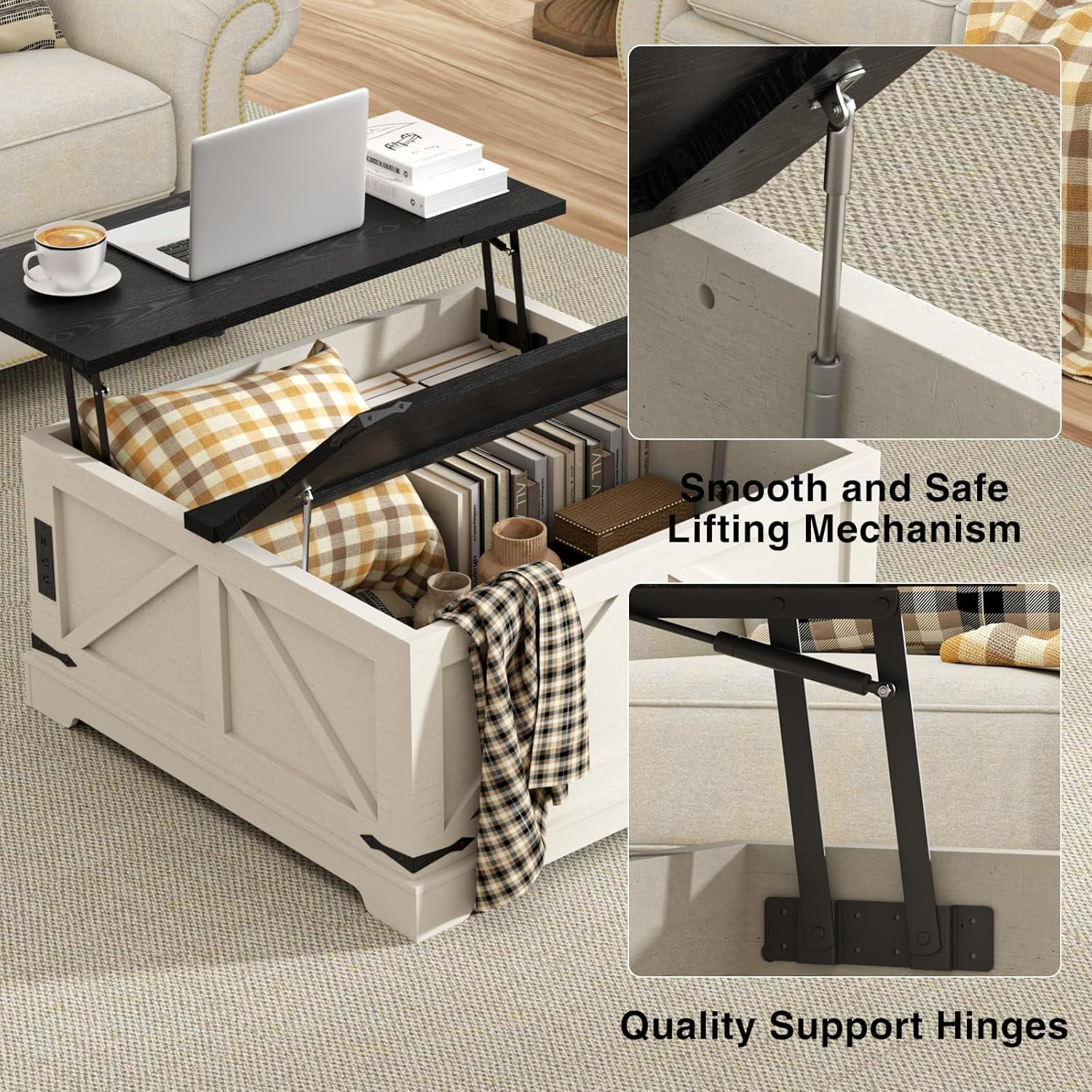VEANERWOOD 35.4" Lift Top Coffee Table, Farmhouse Wood Square Center Table with Storage & Charging Station Hidden Compartment for Living Room, Home Office