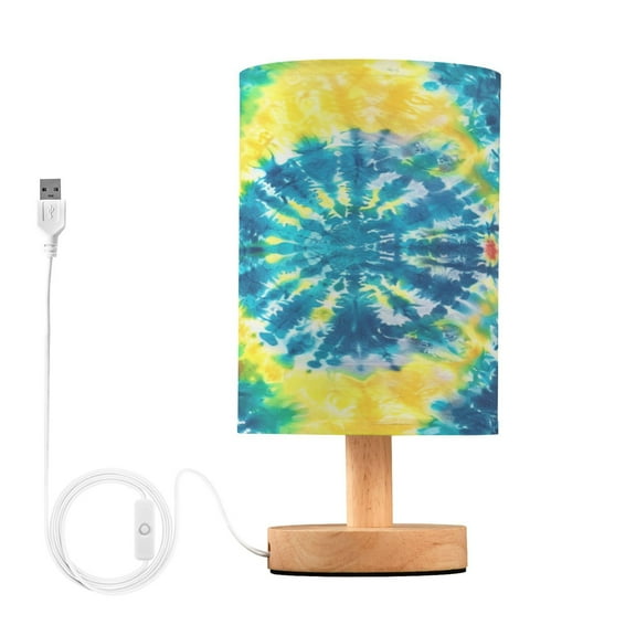 Blue Tie-dye Bedside Table Lamp Desk Warm Lights with USB Charging Port Cylinder LED Lamps for Bedroom Living Room Office