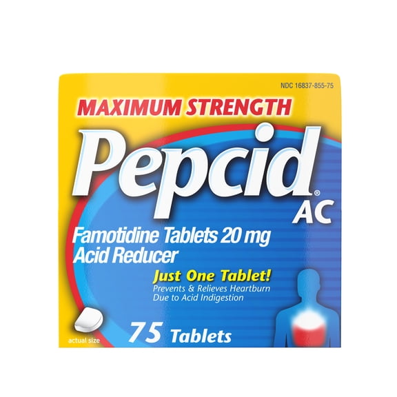 Pepcid AC Maximum Strength Heartburn Medicine, Famotidine 20mg Acid Reducer, Heartburn Relief, 75 Count