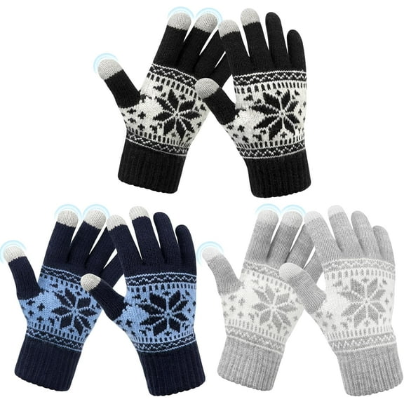 3 Pairs Touch Screen Gloves with Snow Flower Pattern, Warm Knit Winter Gloves Christmas Gifts Stocking Stuffers for Women