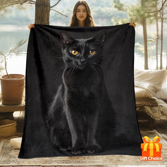 Black Cat Throw Blanket Soft Lightweight Flannel Sofa Bedspread with Elegant Black Cat Face All Season Blanket for Living Room Camping Travel Modern Home Decor Gift Cat Lovers Cat Blanket