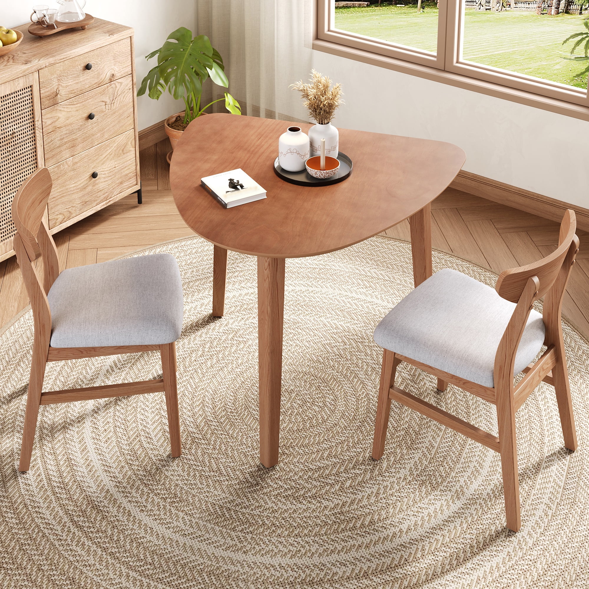 Euroco 3-Piece Dining Table Set for 2, Triangular Kitchen Table with 2 Chairs for Kitchen Living Room,Small Space,Light Brown