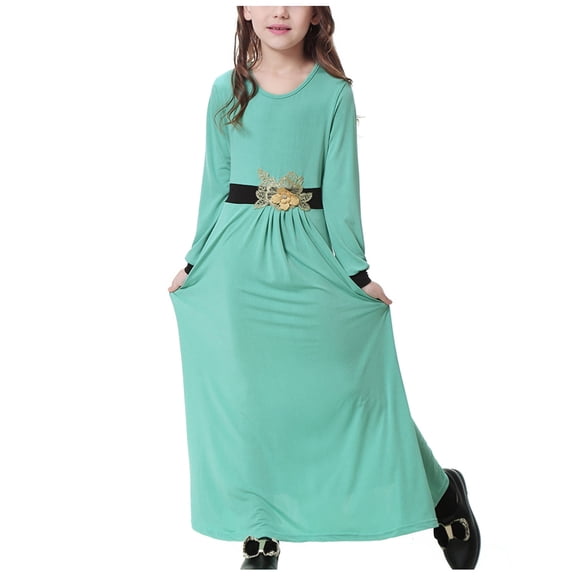 Odeerbi Girls Muslim Dress Little Girls Clothes Muslim Long Dress Medium Big Girls 2025 Long Sleeve V Neck Colorblock Dress Green 8-9 Years