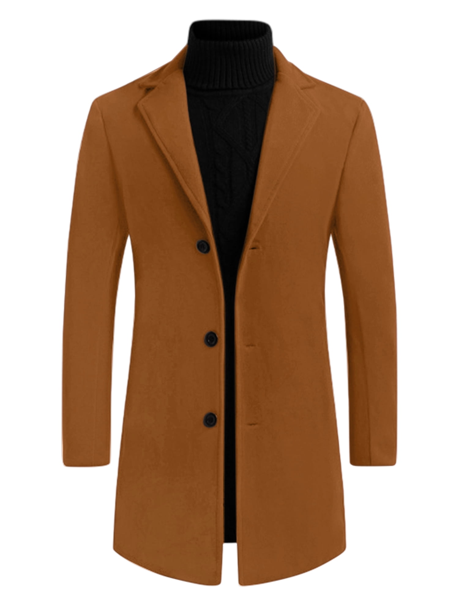 Unique Bargains Men's Slim Fit Notched Lapel Single Breasted Mid Length Overcoat S Brown
