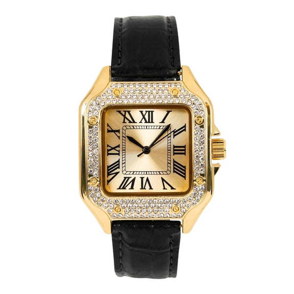 Men's 32mm Iced Out Square Watch – Leather Band, Roman Numerals, Diamond Bezel – Luxury Hip Hop Style for Streetwear & Fashion - Gold Black Finish