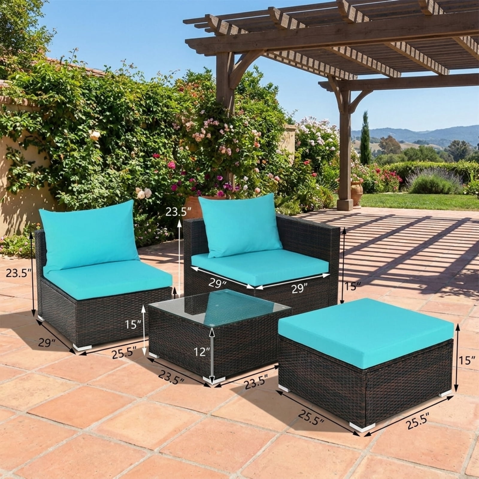 Biotree Patio Furniture Set 5 Pieces Rattan Outdoor Sectional Conversation Set with Ottoman and Coffee Table for Garden Backyard Porch, Turquoise