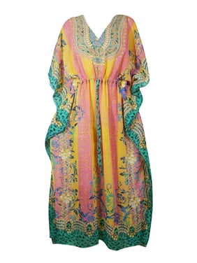 Mogul Women Boho Beautiful Floral Jewel Digital Print Colorful Georgette Maxi Cover Up Kaftan Dress 4X
