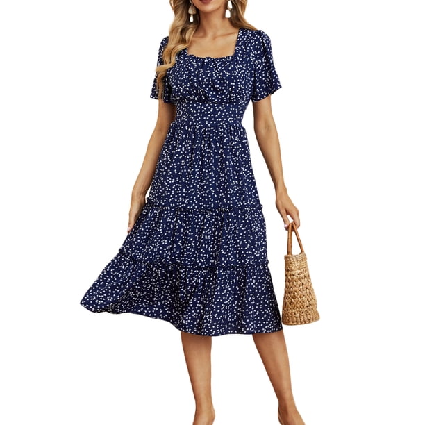 VISgogo Vestido de manga corta para mujer, vestido holgado con cintura elástica y cuello cuadrado con estampado de corazón pequeño, ropa informal simple de una pieza VISgogo moda