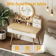 thumbnail image 3 of Modern Makeup Table Adjustable LED Mirror Lights Solid Wood Legs 4 Drawers & 3 Shelves White Oak Vanity Desk Beauty Storage Organizer, 3 of 7